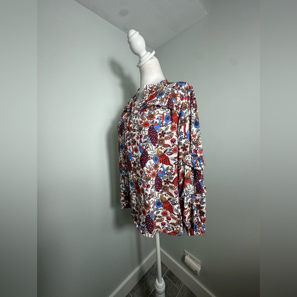 Loft Peacock Floral Print White Ruffle Long Sleeve Blouse Top Petite - Picture 6 of 17